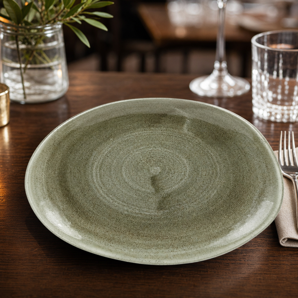 Organic Round Plates Moss Green Porcelain for Dining Experiences (Pack of 12)