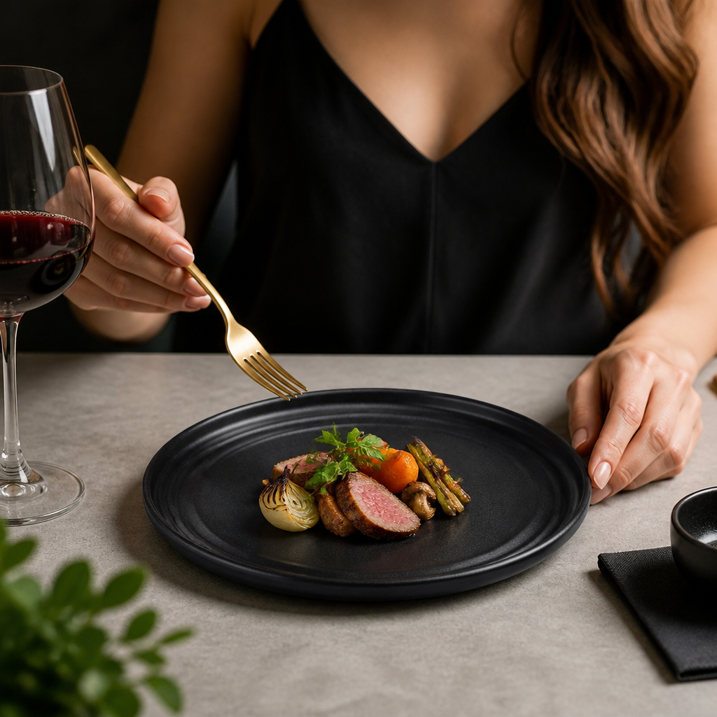 Textured Black Porcelain Flat Round Plates 220mm for Unique Dining Experiences