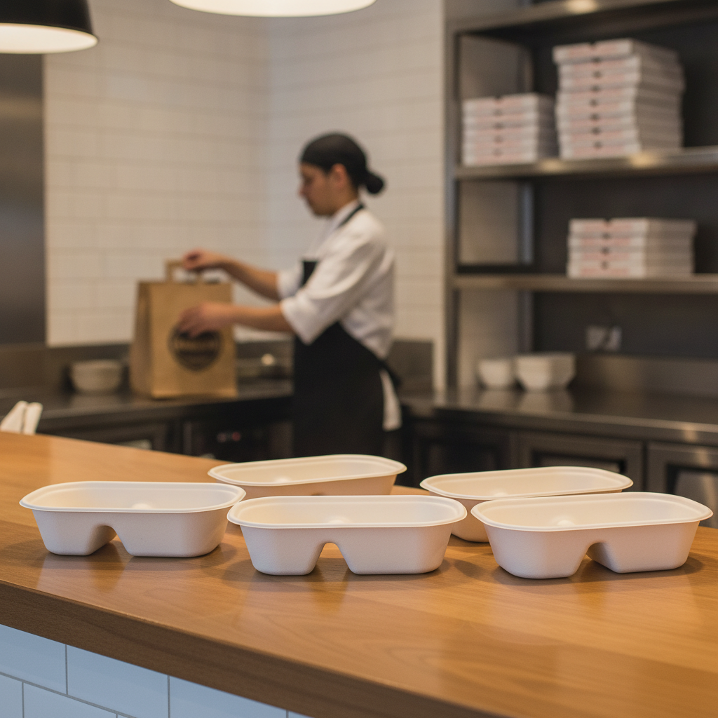 Bagasse Oval 2-Compartment Container 900ml for Takeaway Services (Pack of 100)