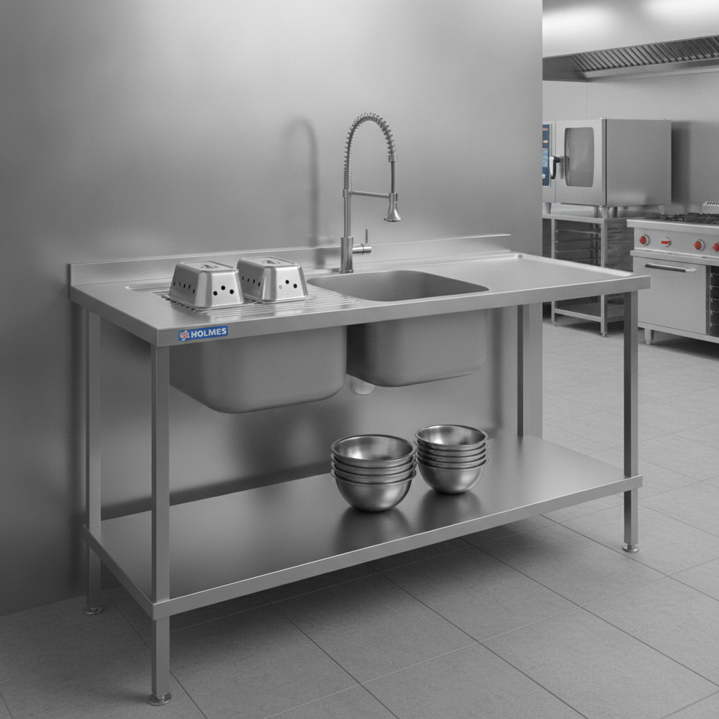 304 Stainless Steel Double Sink with Left Hand Drainer 1800mm for Commercial Kitchens