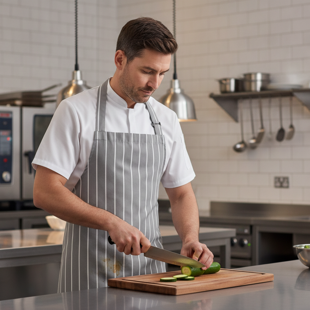 Polycotton Butcher's Stripe Bib Apron Grey for Commercial Kitchens