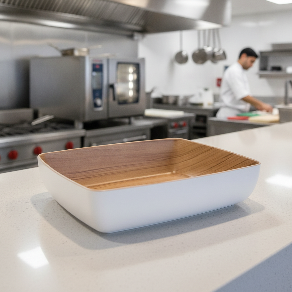 Melamine White and Wood Bowl GN1/2 for Catering