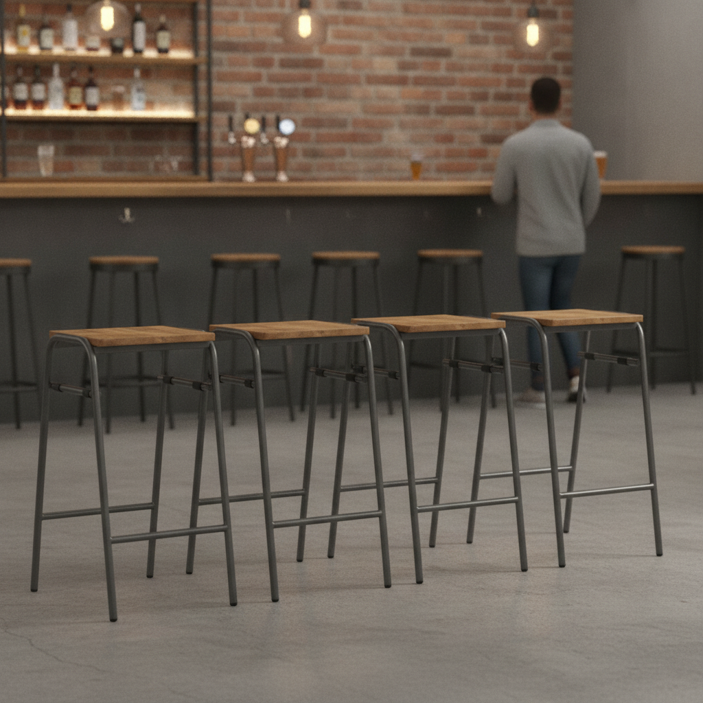 Mango Wood Bar Stools with Powder-Coated Steel Frame for Bars & Pubs (Pack of 4)