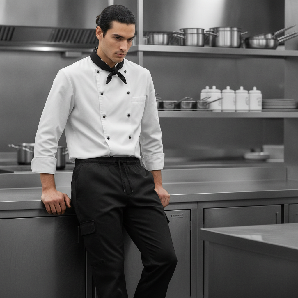 Cotton & Recycled Polyester Black Cargo Pants for Chefs