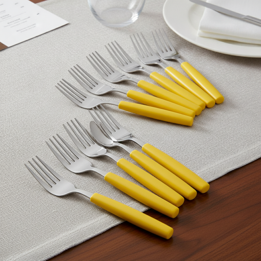 18/0 Stainless Steel Table Forks with Yellow Handles for Canteens (Pack of 12)