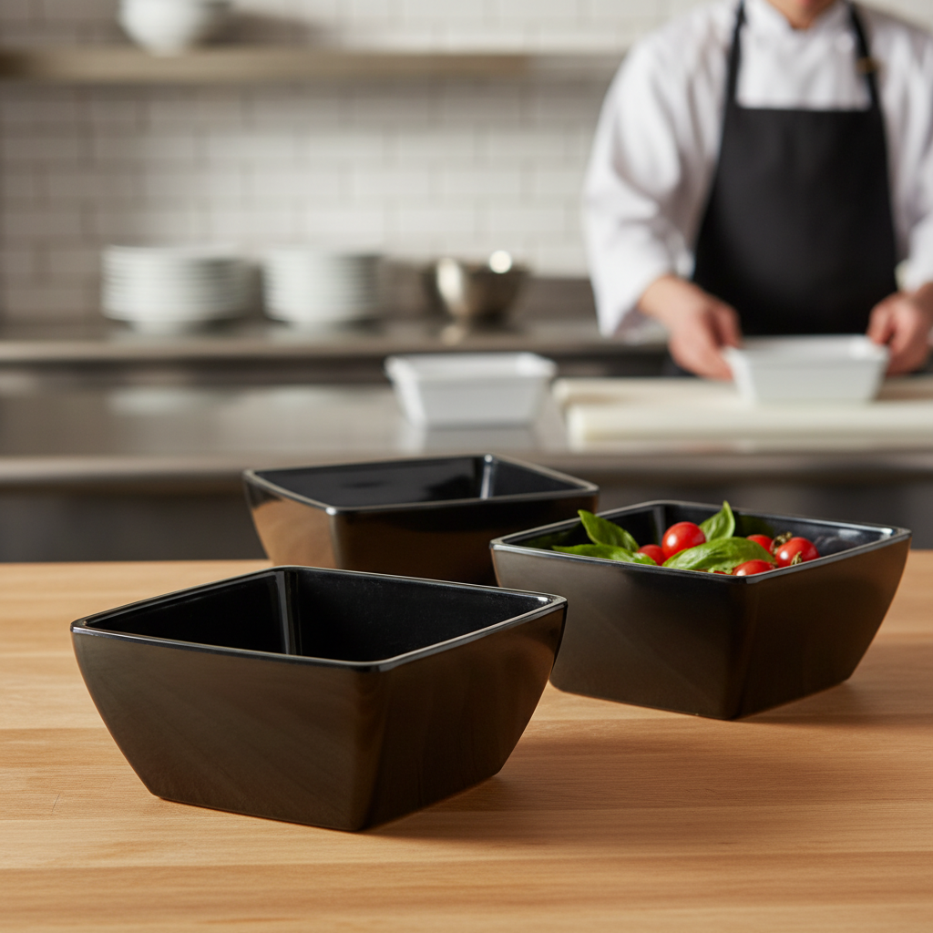 Melamine Black Square Bowl 250mm for Buffet Displays