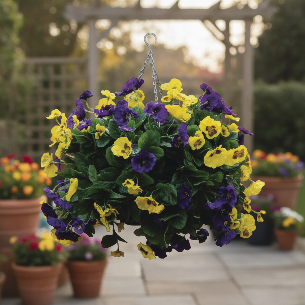 Purple and Yellow Artificial Pansy Ball for Exterior Spaces