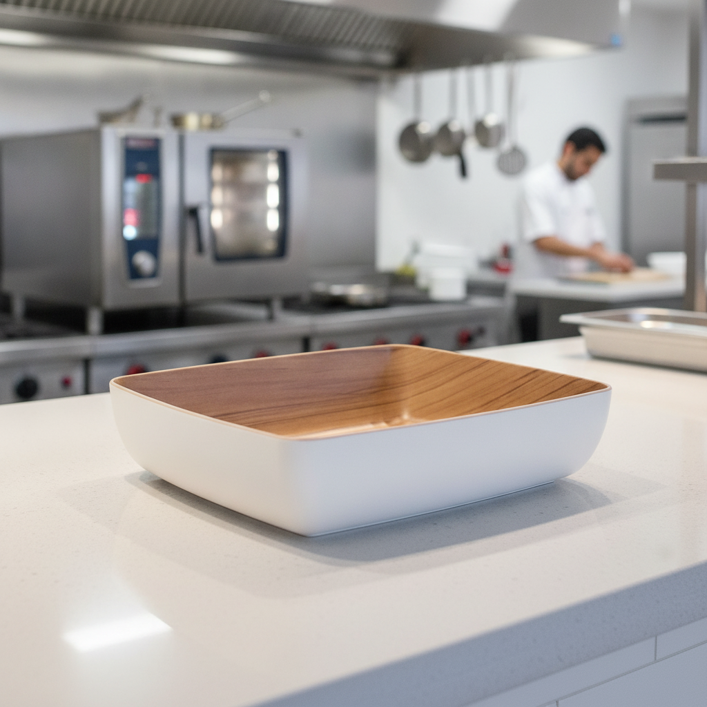 Melamine White and Wood Bowl GN1/2 for Catering