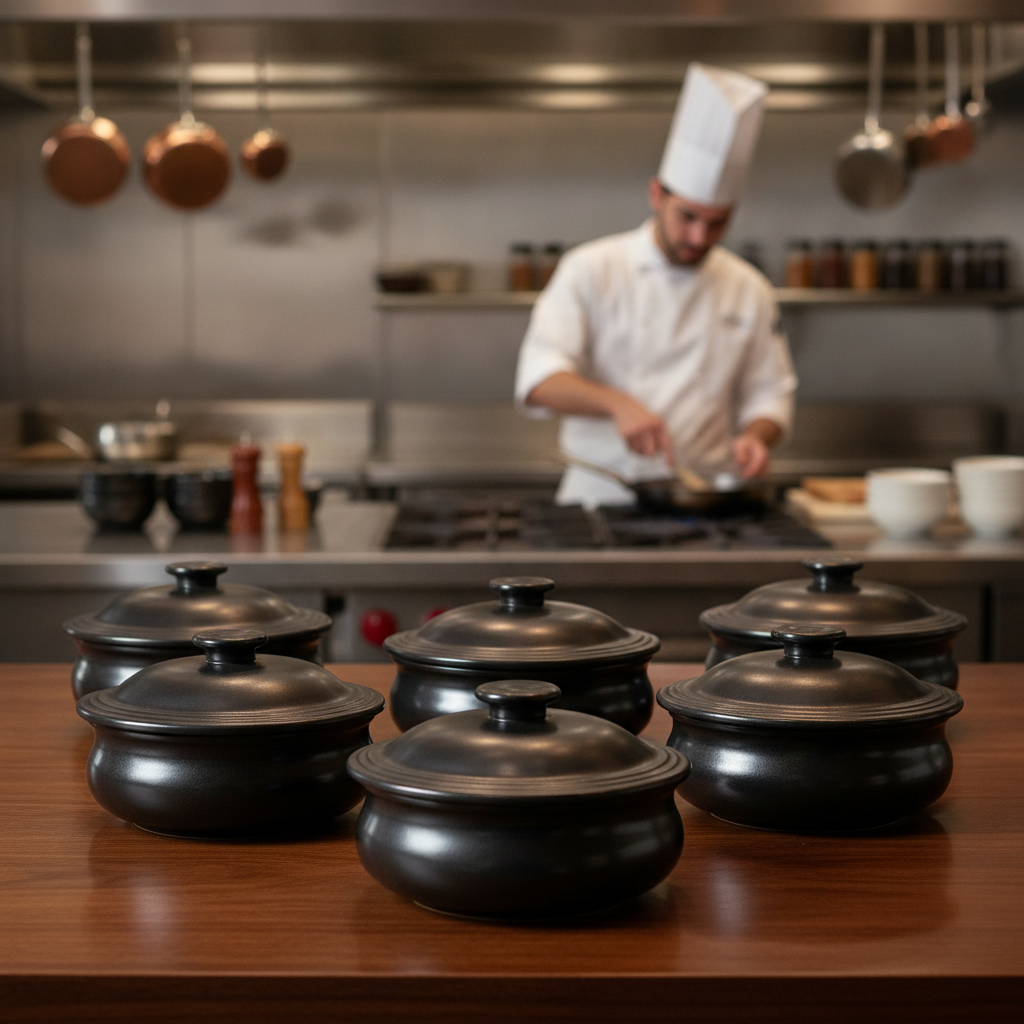 Vitrified Stoneware Lidded Stewpot Black 140mm for Commercial Use (Pack of 6)