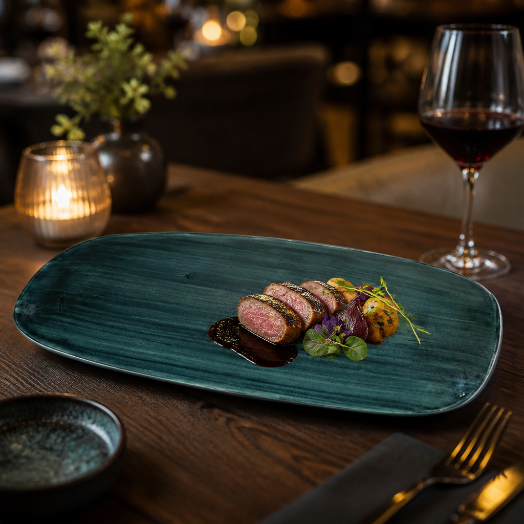 Oblong Chef Plates Rustic Teal Porcelain for Elegant Dining (Pack of 6)