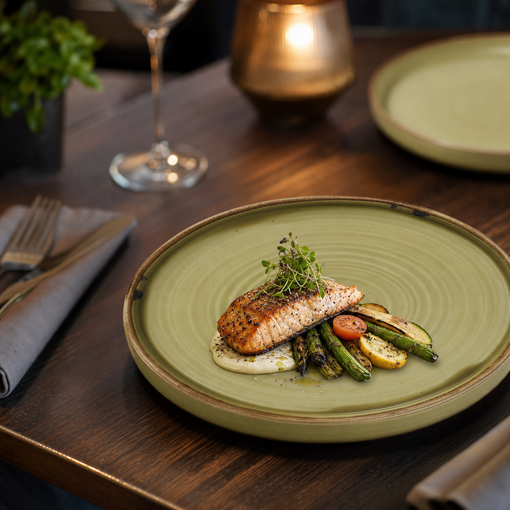 Hand-Finished Walled Plates 210mm Green Porcelain for Modern Dining (Pack of 6)