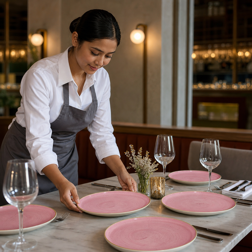 Hand Painted Walled Plates Pink Vitrified Ceramic for Dining Tables (Pack of 6)