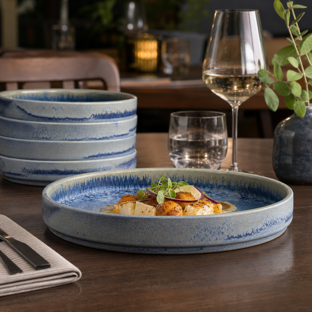 Round Stacking Trays Blue Vitrified Ceramic for Versatile Dining (Pack of 12)