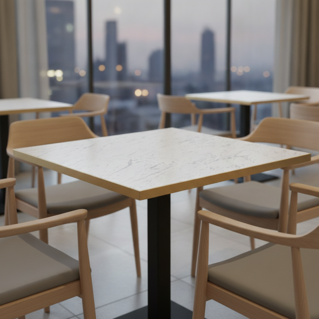 Laminate Square Table Top White Carrara Marble for Indoor Use (Size Options: 600mm, 700mm, 800mm)