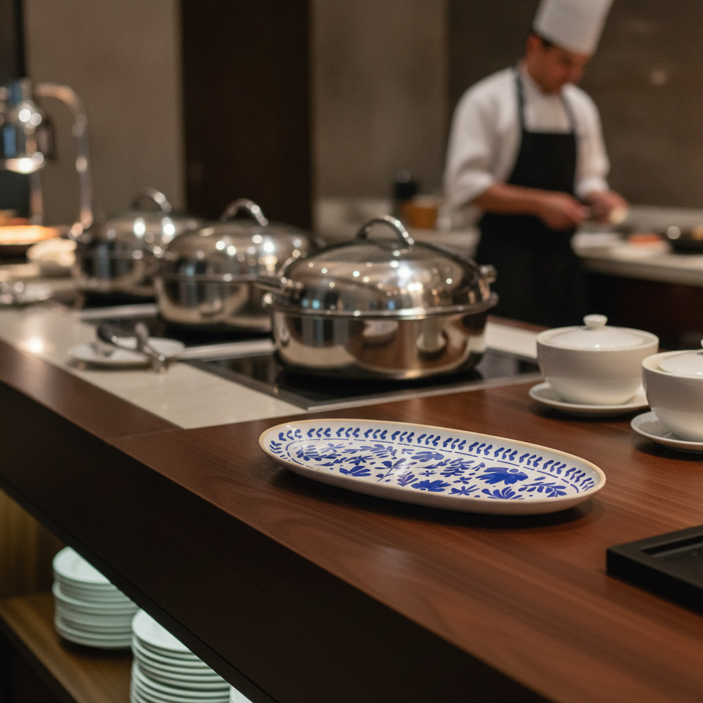 Melamine GN 2/4 Tray with Blue & White Design for Buffets