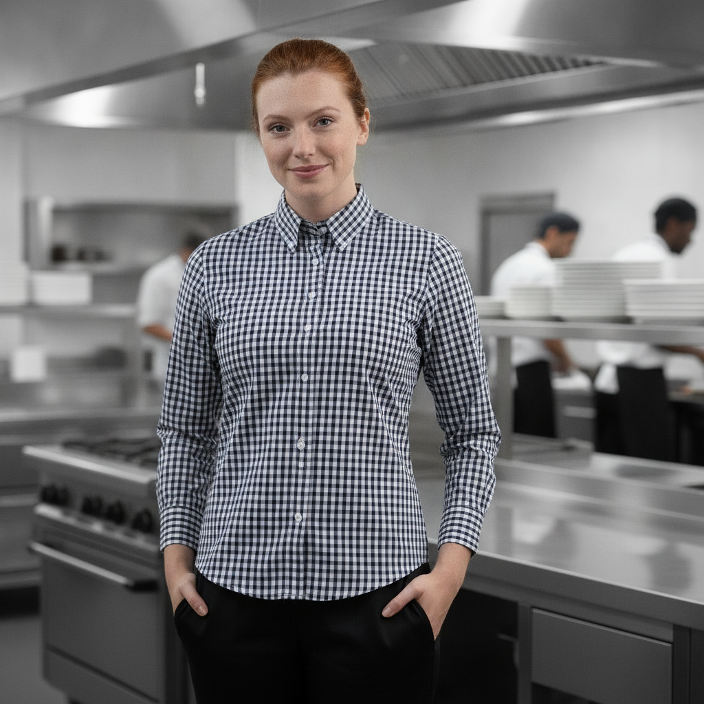 Polycotton Black Gingham Dress Shirt for Staff Uniforms