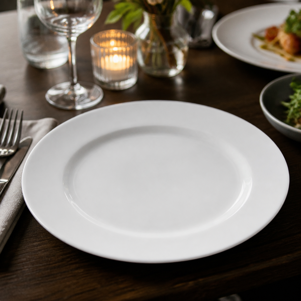 Wide Rimmed Plates 310mm White Porcelain for Catering Environments (Pack of 6)