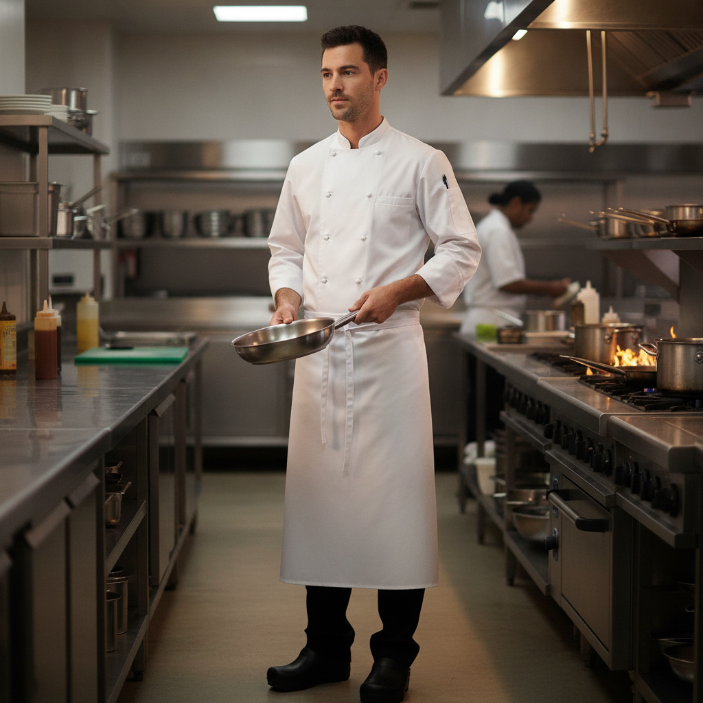 Polycotton White 4-Way Long Waist Apron for Commercial Kitchens