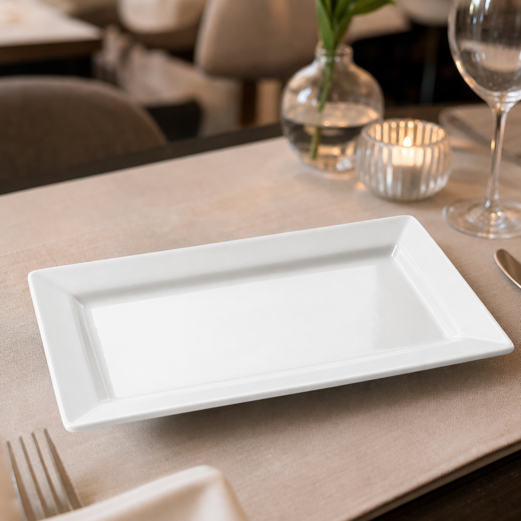 Wide Rim Rectangular Plates 257x155mm Porcelain for Elegant Dining (Pack of 4)
