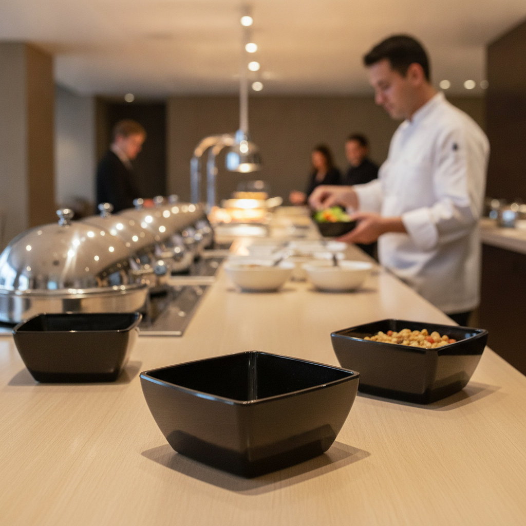 Melamine Black Square Bowl 125mm for Buffet Displays