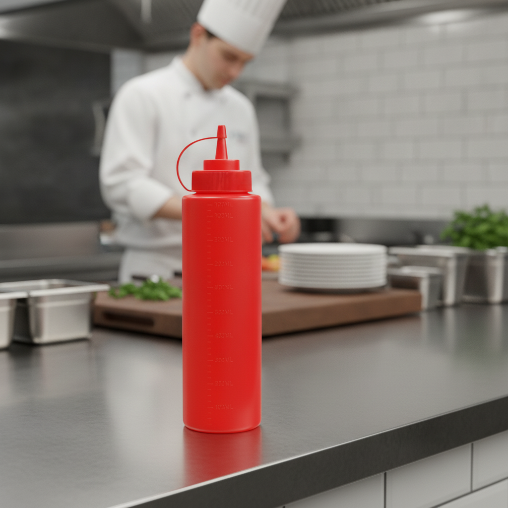 Polyethylene Red Squeeze Sauce Bottle 994ml for Self-Service Dining