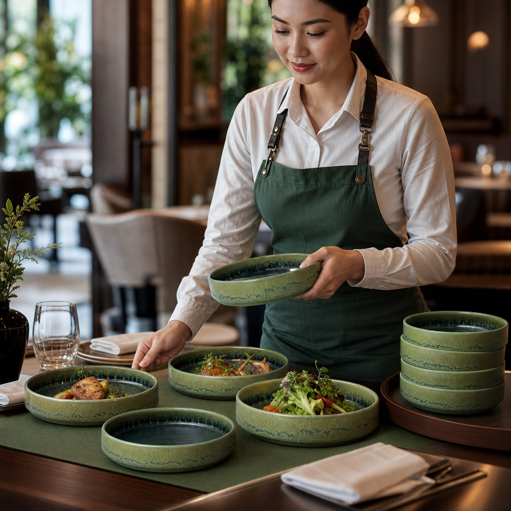 Round Stacking Trays Green Vitrified Ceramic for Versatile Dining (Pack of 12)