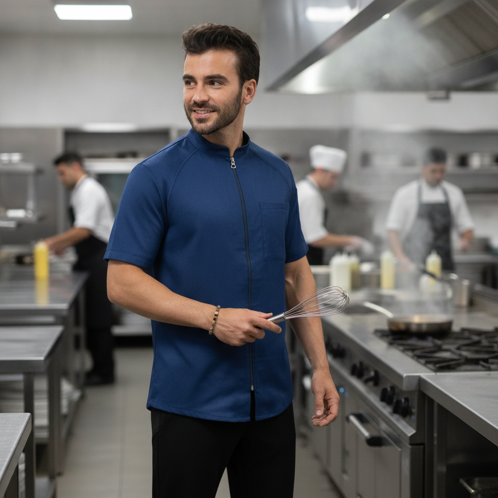 Recycled Polyester Chef Jacket Ocean Blue for Hospitality Uniforms