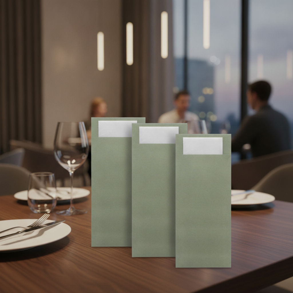Paper Sage Green Cutlery Pouch with White Napkin for Dining Tables (Pack of 500)