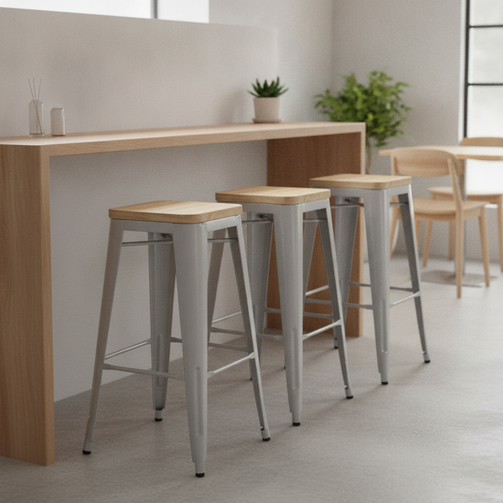 Steel High Stool with Ash Wood Seat 760x427mm for Bars & Cafés (Pack of 4)
