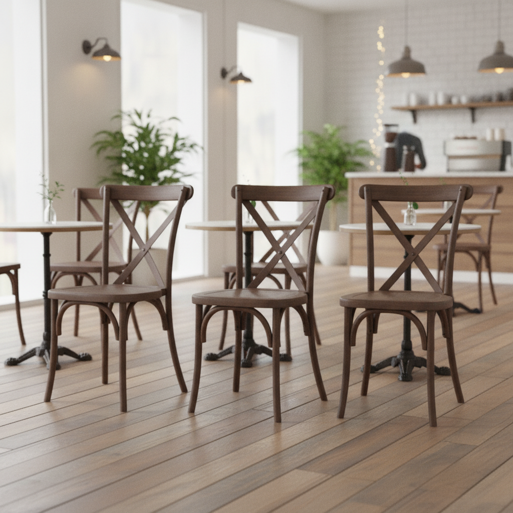Polypropylene Dark Wood Effect Cross-Back Chairs 895x492mm for Cafés & Bistros (Pack of 4)