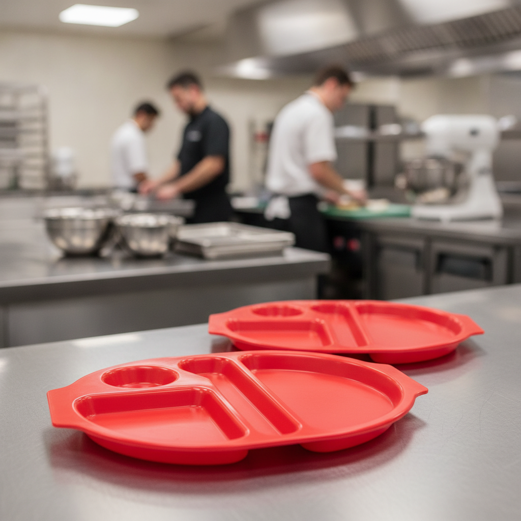 Polypropylene Red Oval Compartment Food Tray for Schools & Care Homes