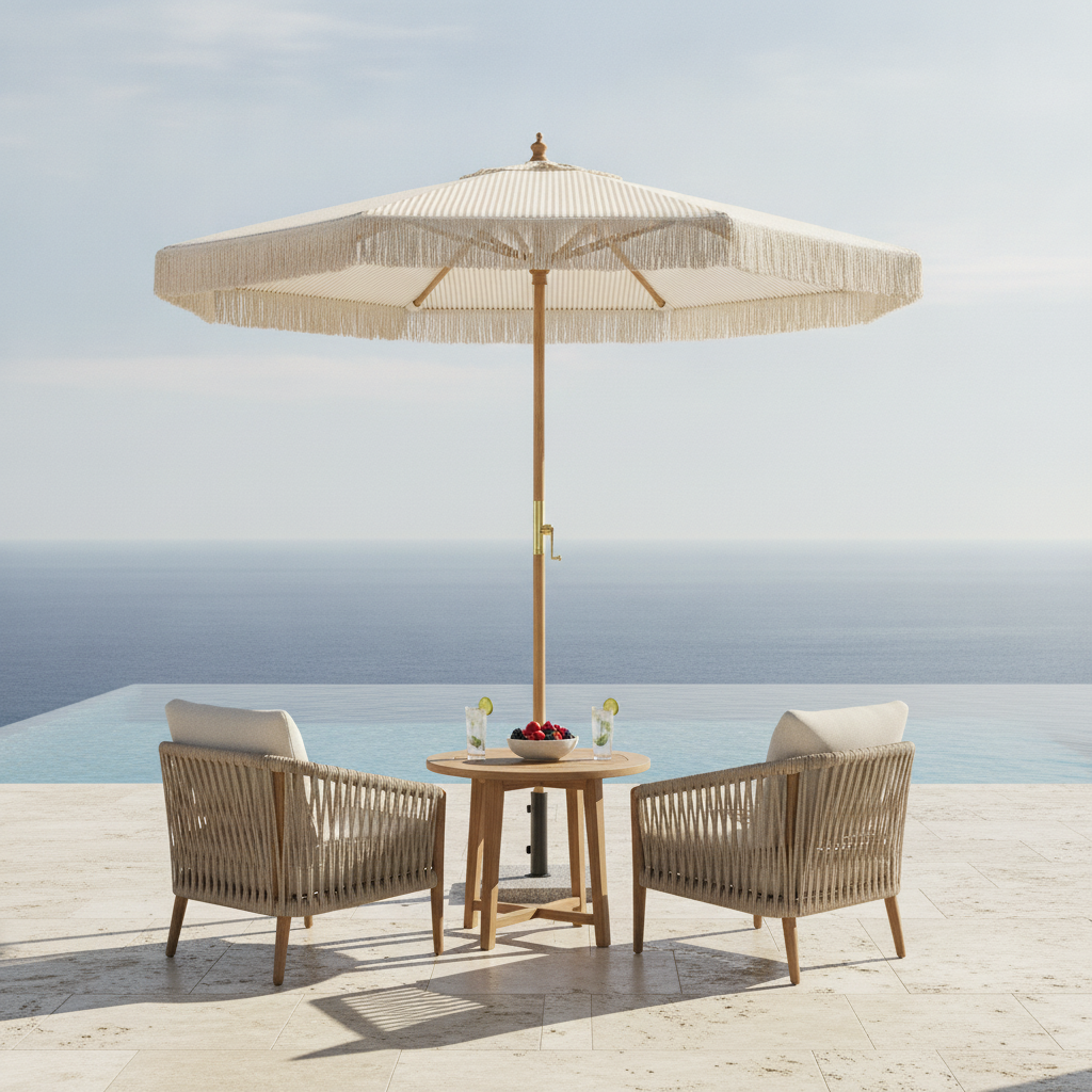 Hardwood & Plastic Round Striped Parasol 2.5m for Outdoor Areas