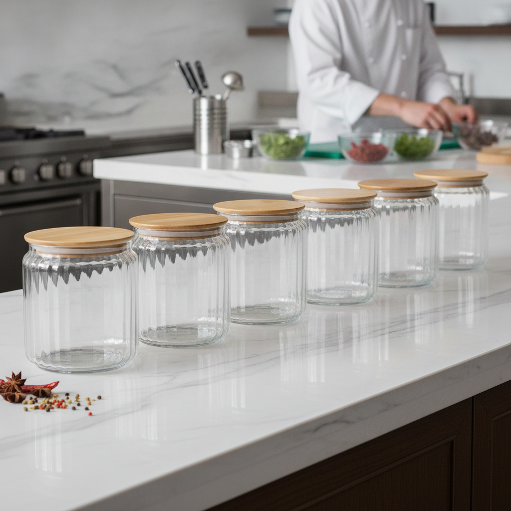 Ribbed Glass Storage Jars with Lids 750ml for Home Organization (Pack of 6)