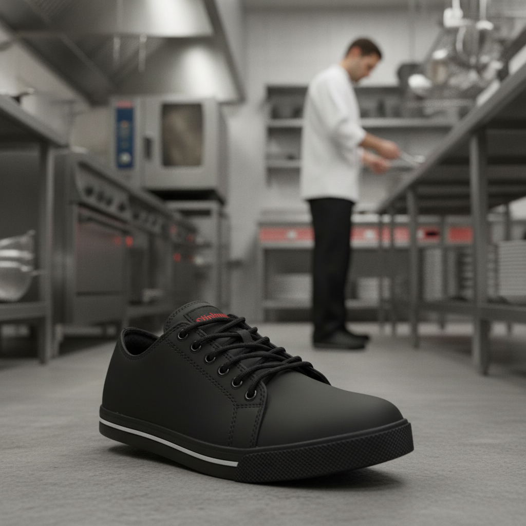 Microfibre Black Safety Trainers with Steel Toe Cap for Hospitality Use