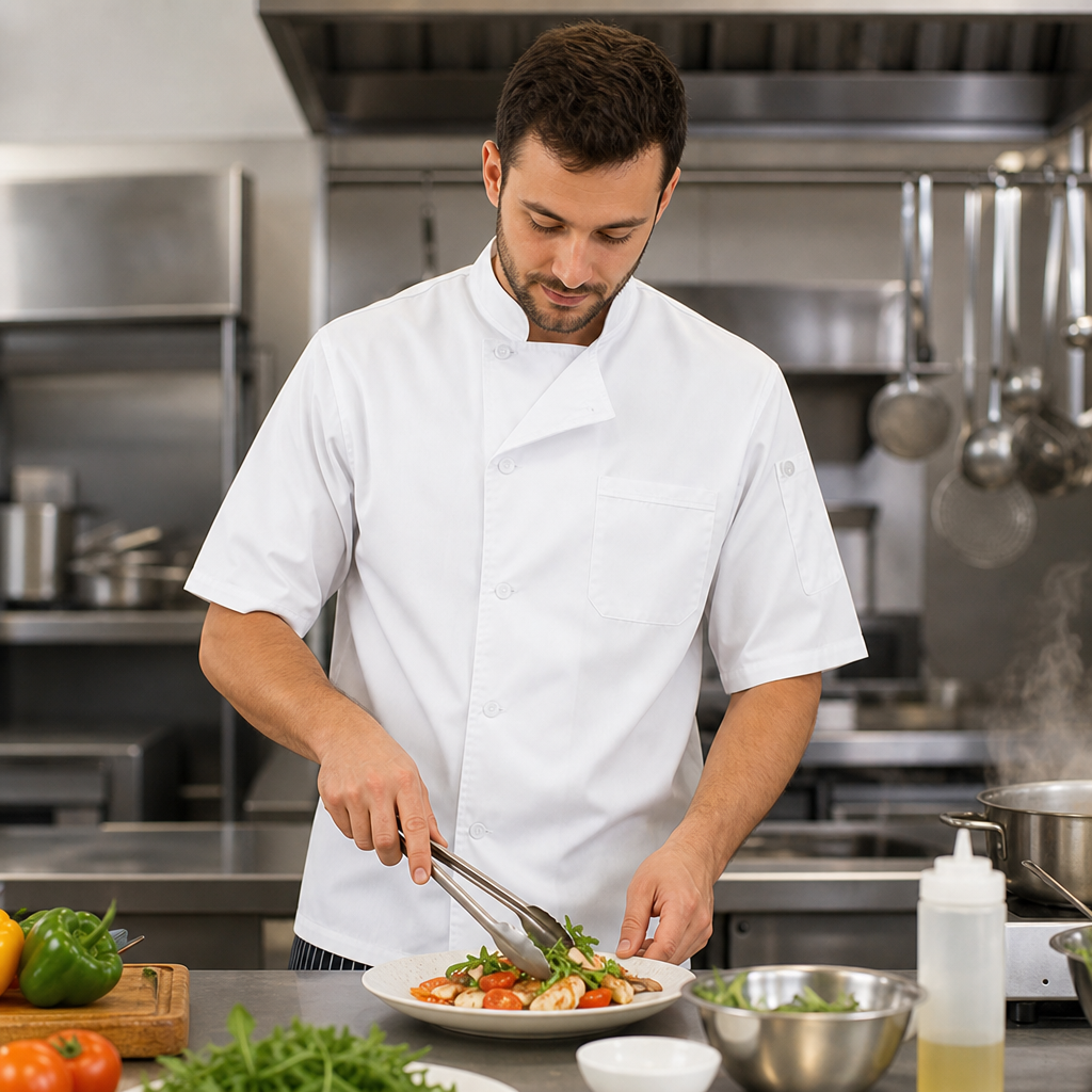 Short-Sleeved Polycotton Chef Jacket in White for Busy Kitchens