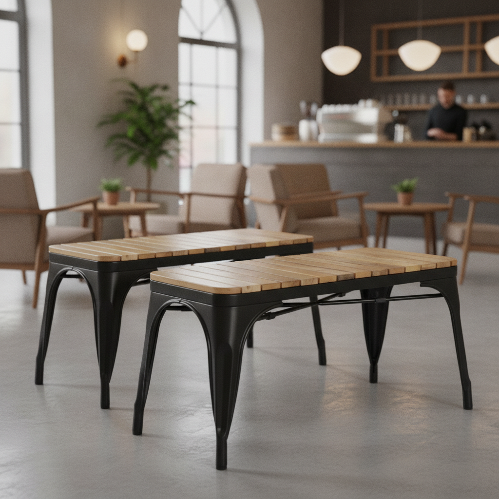 Mango Wood Indoor Bench with Black Powder Coated Steel Frame 450mm for Cafés & Lounges (Pack of 2)
