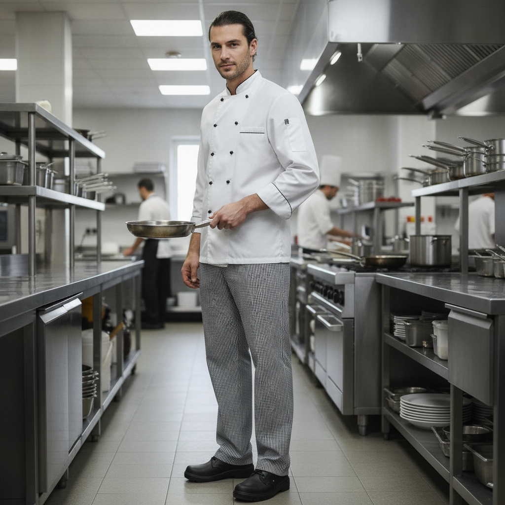 Polycotton Black and White Check Chefs Trousers for Commercial Kitchens