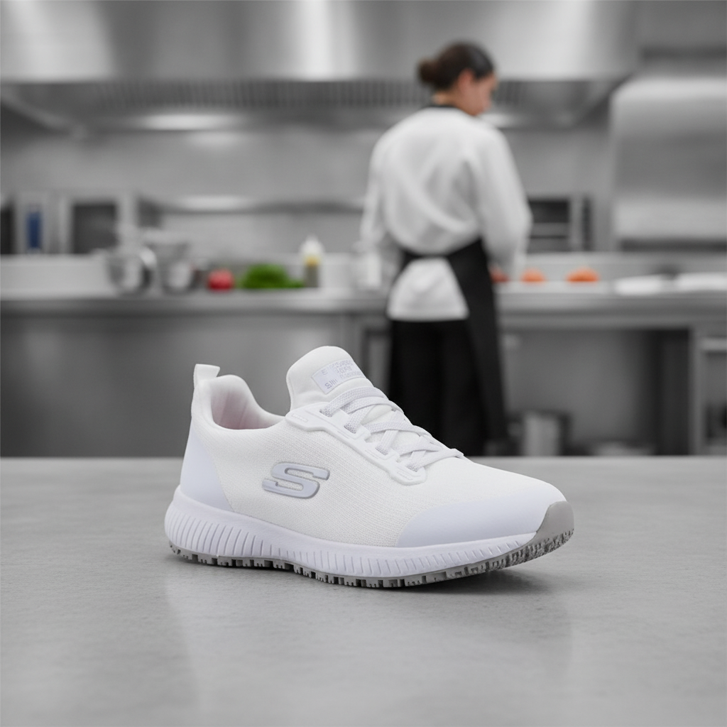 Rubber Slip Resistant Women's Squad Trainers for Work (White)