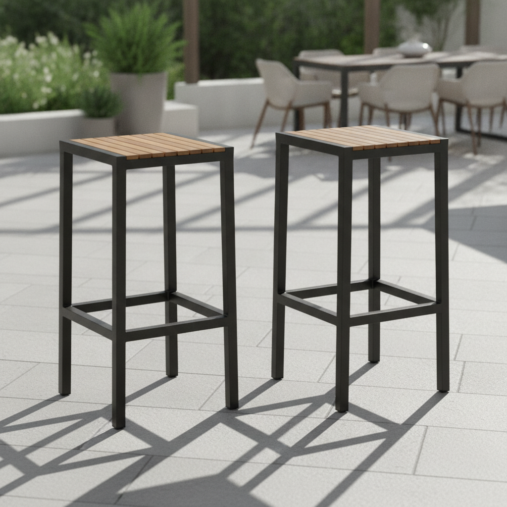 Acacia Wood & Powder-Coated Steel Bar Stools 750x350mm for Outdoor Areas (Pack of 2)