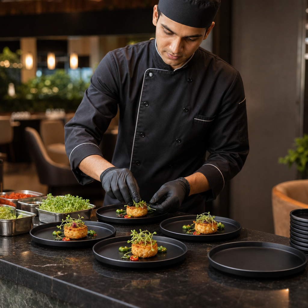 Round Plates Black Melamine for Buffet Presentations (Pack of 12)