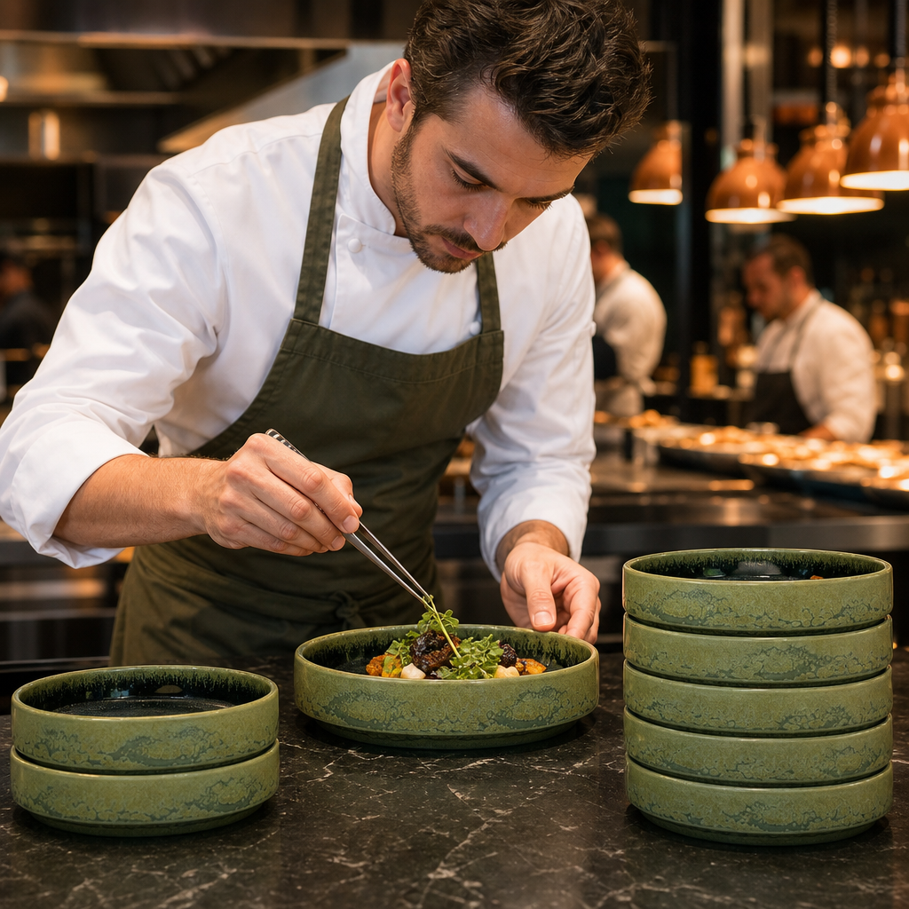 Round Stacking Trays Green Vitrified Ceramic for All Courses (Pack of 10)