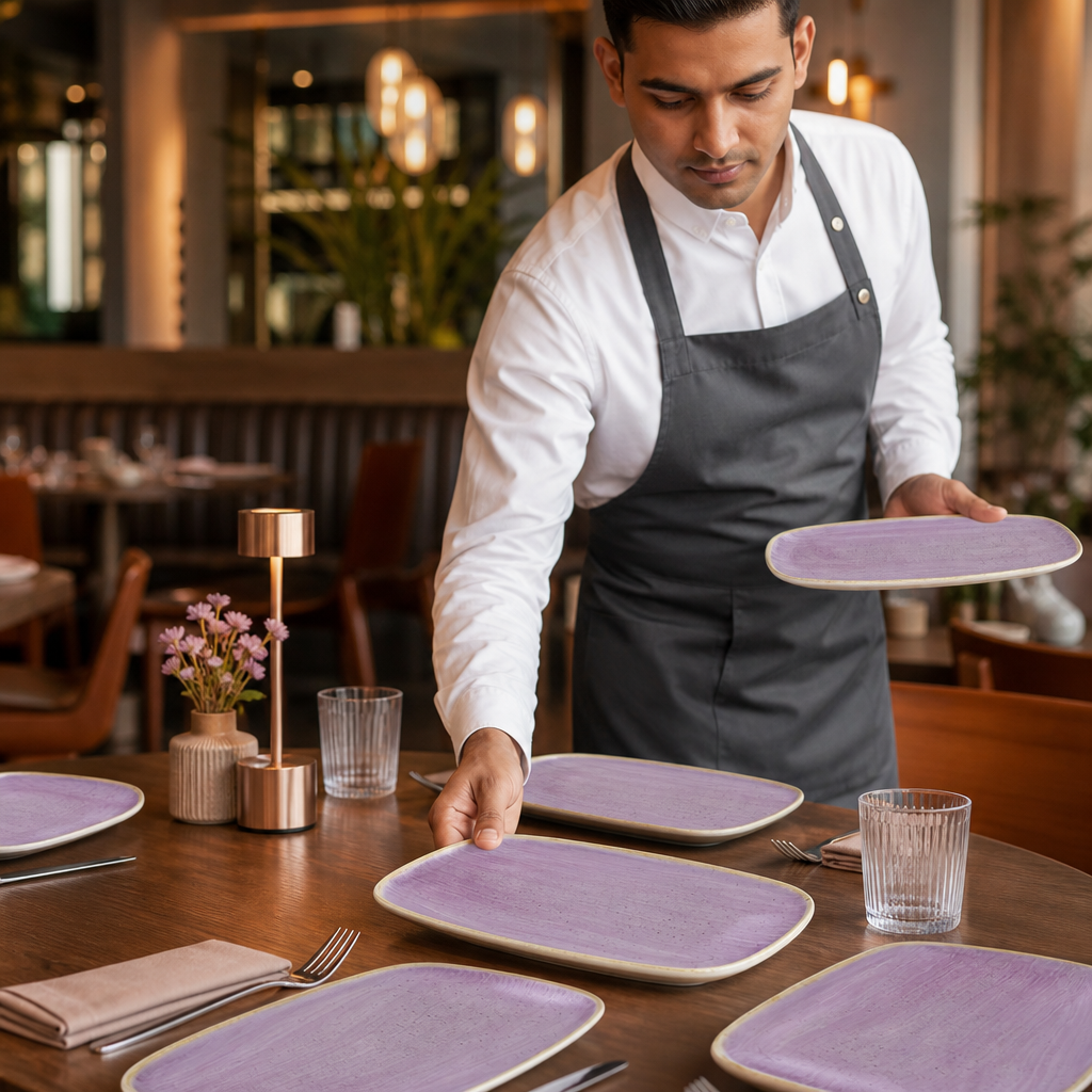 Hand Decorated Oblong Plates Purple Vitrified Ceramic for Dining Tables (Pack of 12)