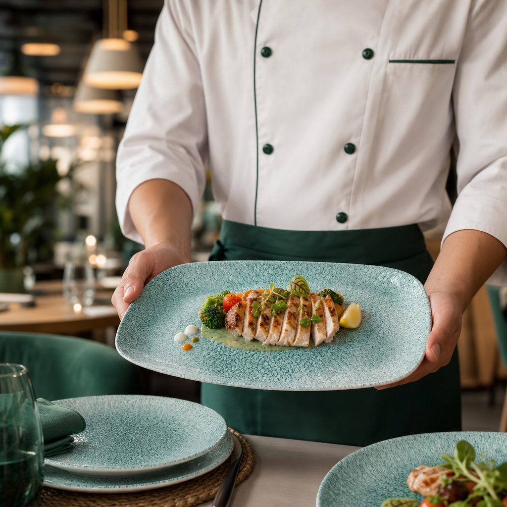 Oblong Chef Plates Green Porcelain for Stylish Dining (Pack of 12)