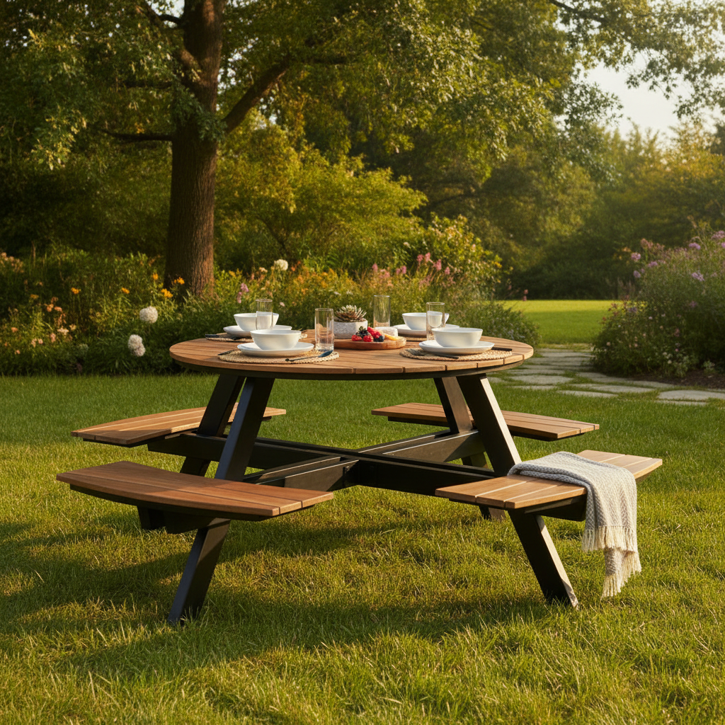 Acacia Wood Round Picnic Table Bench Set 724mm for Outdoor Dining