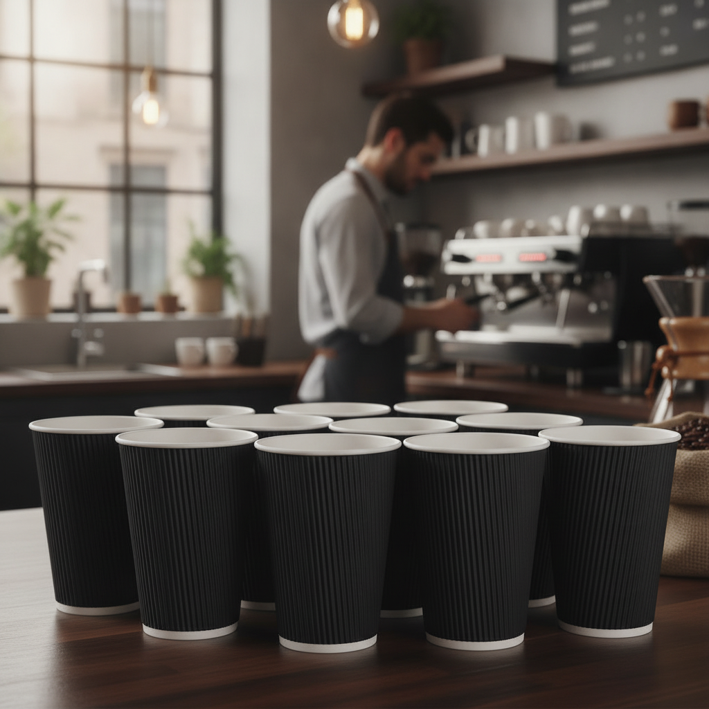 Cardboard Black Ripple Wall Takeaway Coffee Cups 455ml for Hot Drinks (Pack of 25)