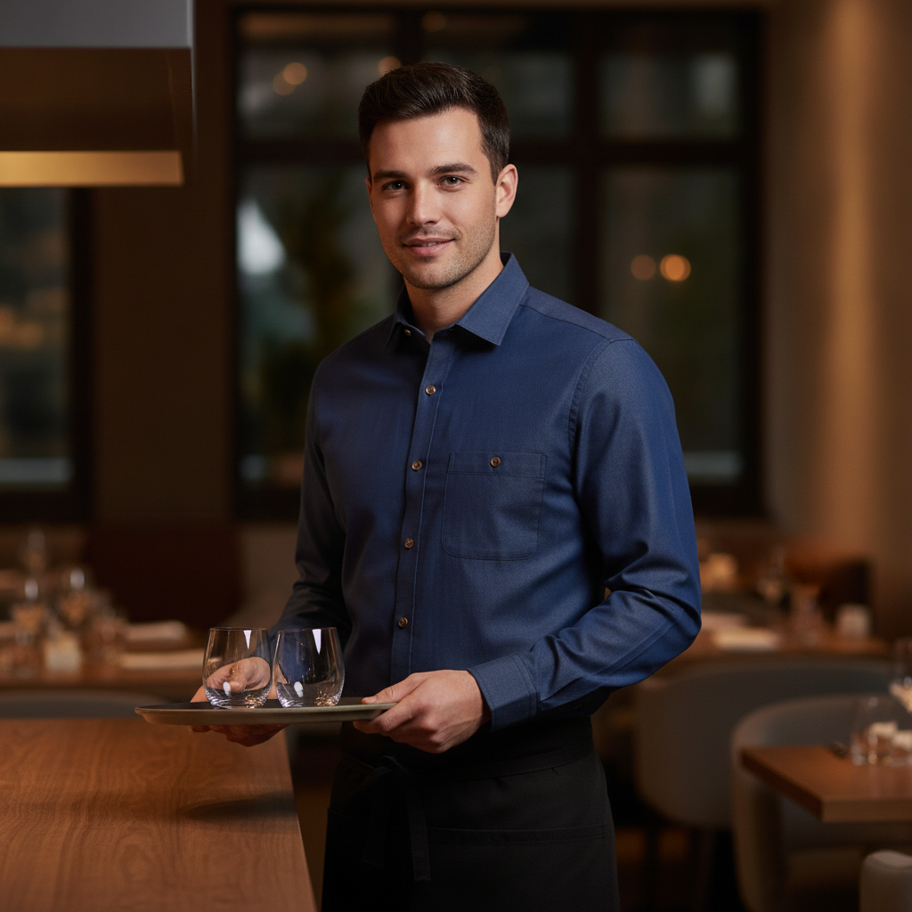 Navy Cotton Long Sleeve Shirt for Bar & Waiting Staff