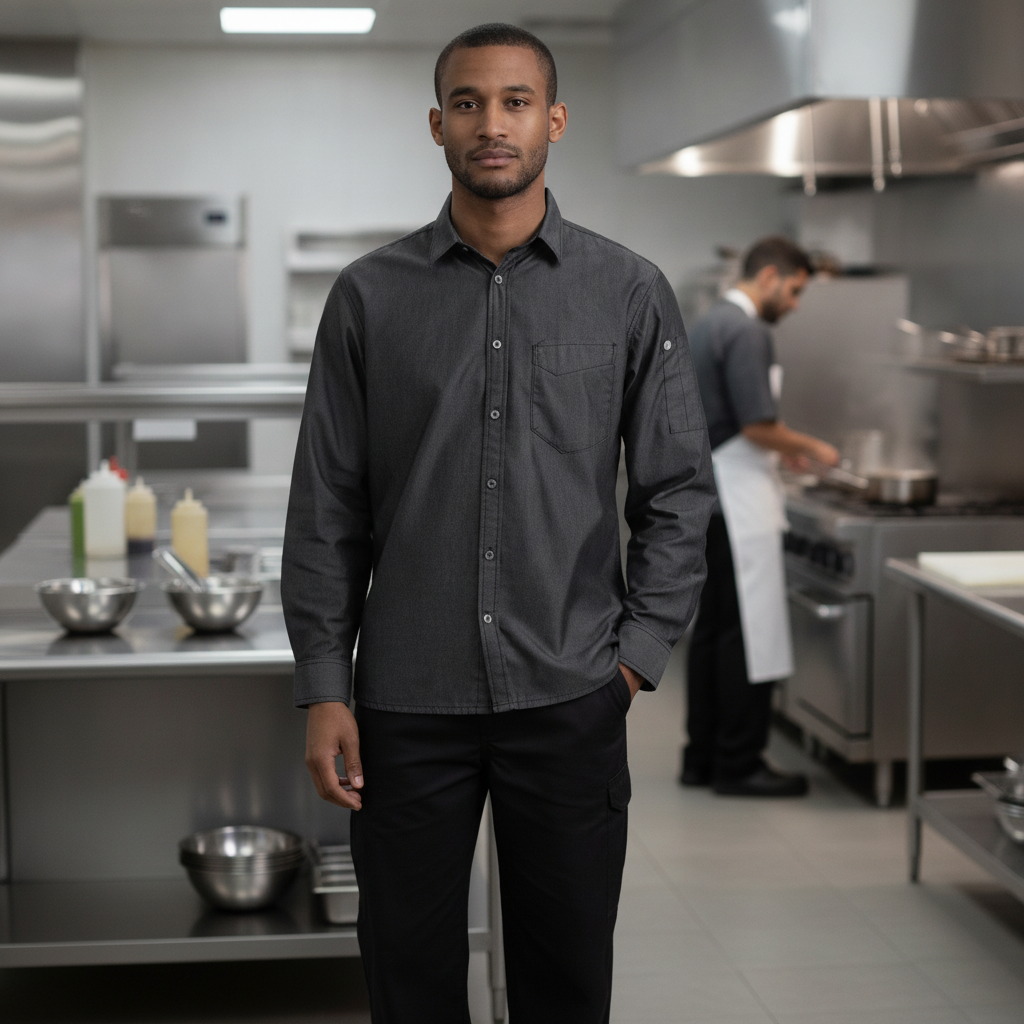 100% Cotton Denim Long Sleeve Shirt in Black for Hospitality