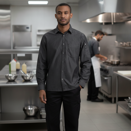 100% Cotton Denim Long Sleeve Shirt in Black for Hospitality
