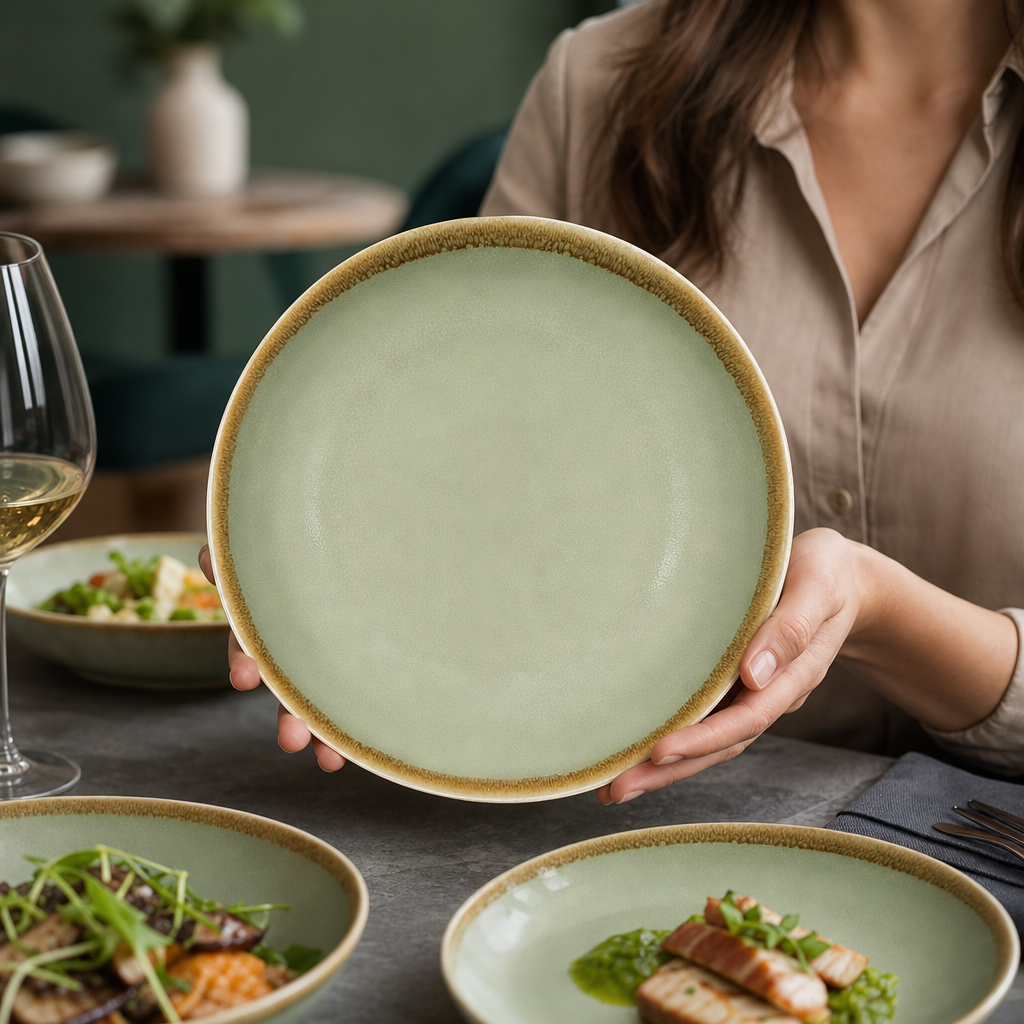 Moss Green Porcelain Coupe Plates 230mm for Modern Restaurants