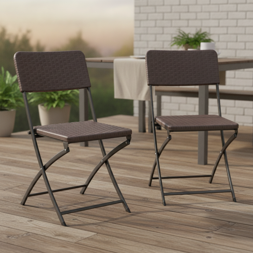 Powder Coated Steel Rattan Folding Chairs 805mm for Indoor & Outdoor Use (Pack of 2)